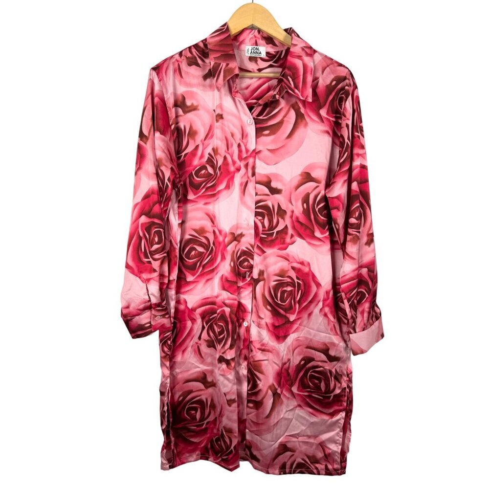 Jon & Anna Contemporary Pink Floral satin button tunic sz L‎